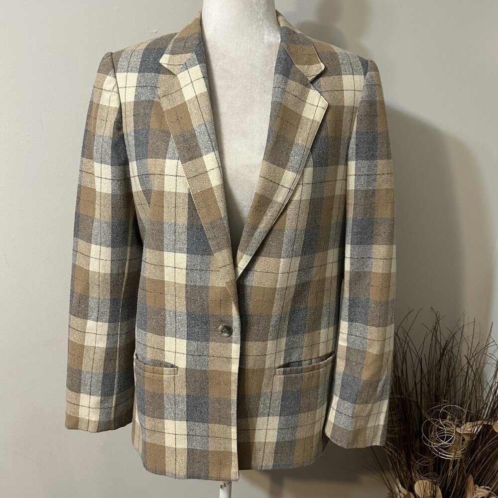 Vtg Prato Women Wool Plaid Tan Beige Tweed Button Up Blazer Jacket Lined Sz 10